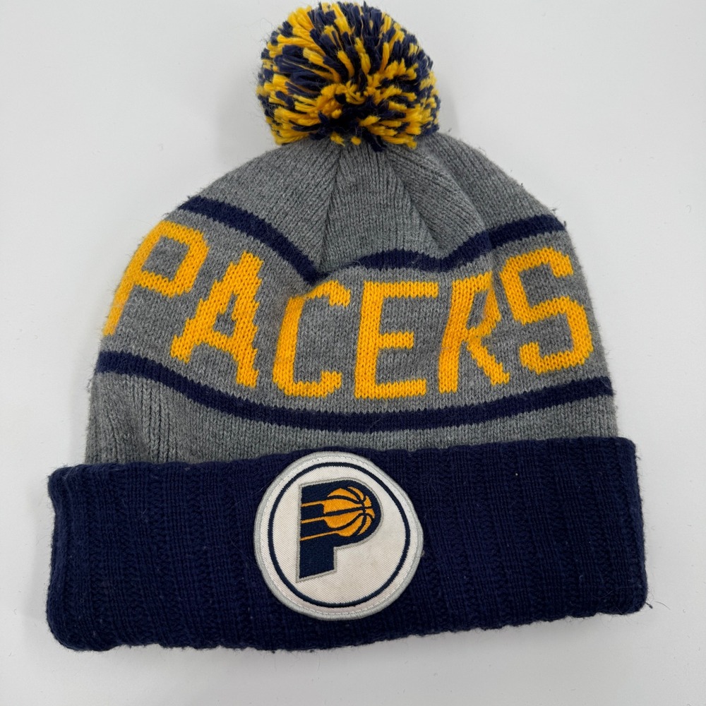 Mitchell Ness NBA Indiana Pacers Knit Beanie Hat Pom Pom Gray Navy Yellow